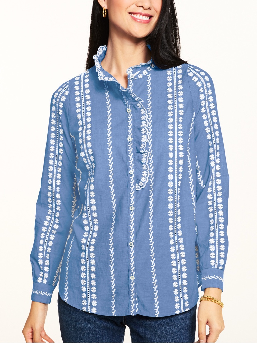 Talbots Women’s Blue Embroidered Ruffle Button Down Shirt (100% Cotton)